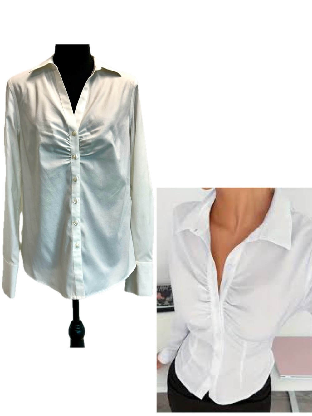 Classic White Ruched Front Button-Down Blouse Women fitted stretch M